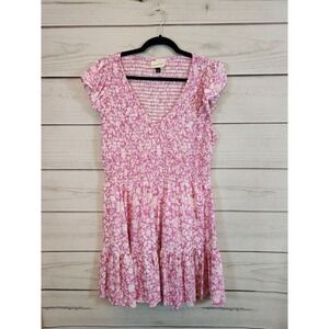 Universal Thread‎ Women's Pink Floral Ruffle Short Sleeve Smocked Mini Dress L